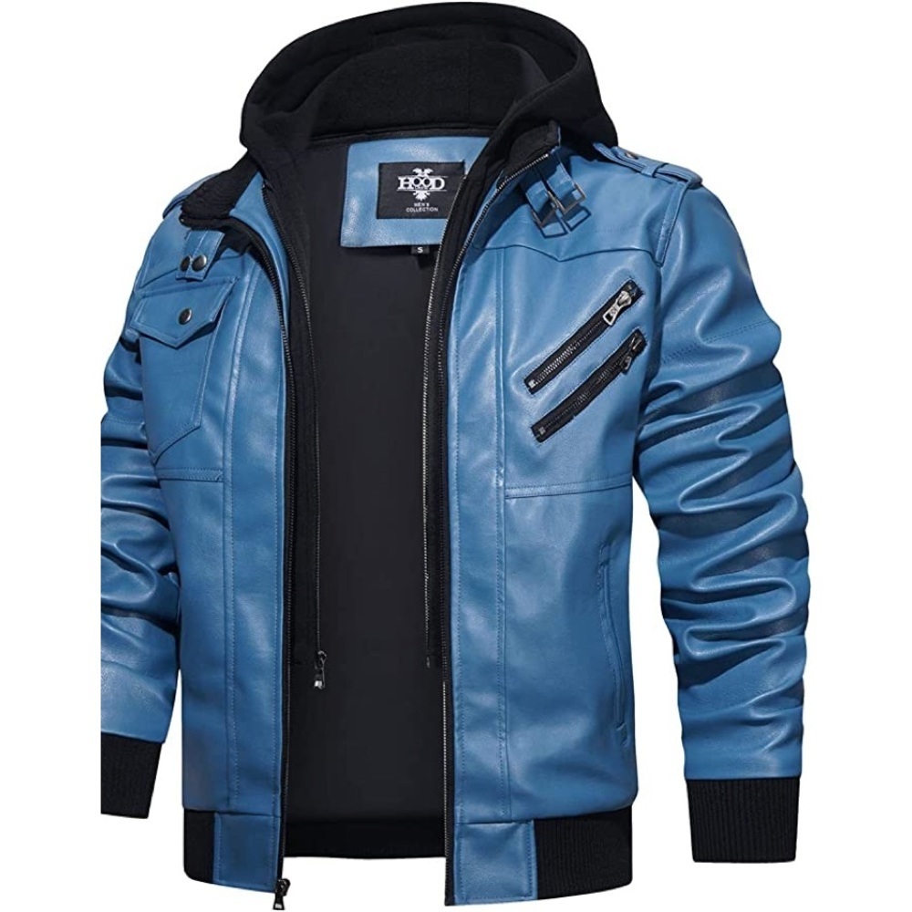 New Men's Removable Hood Vegan Leather Coat